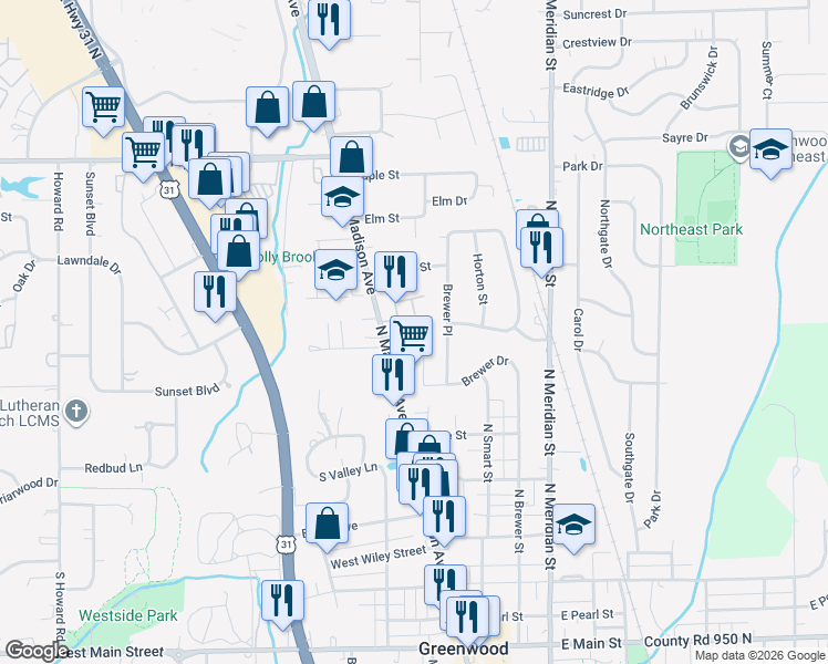 map of restaurants, bars, coffee shops, grocery stores, and more near 535 North Madison Avenue in Greenwood