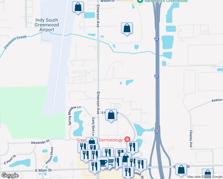 map of restaurants, bars, coffee shops, grocery stores, and more near 1040 Sierra Drive in Greenwood