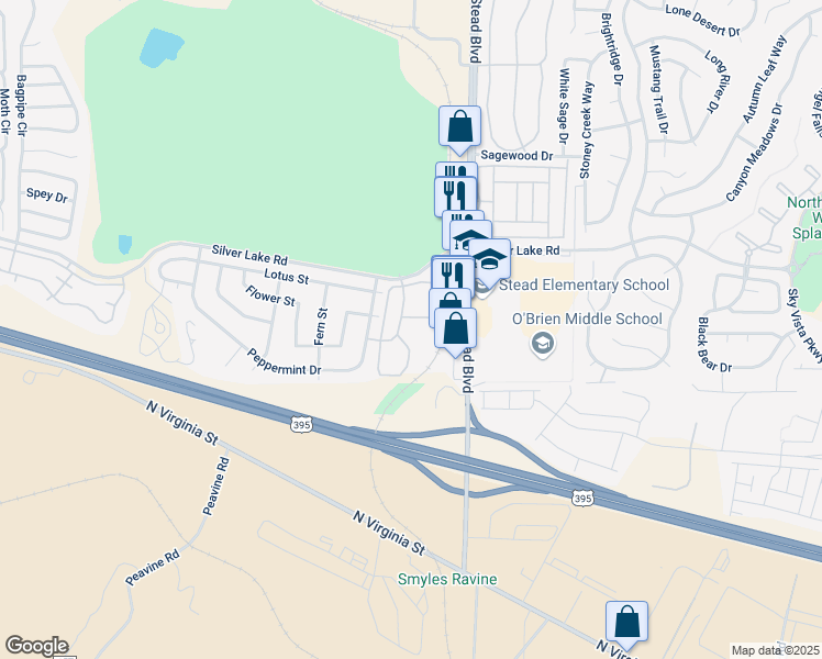 map of restaurants, bars, coffee shops, grocery stores, and more near 6060 Silver Lake Road in Reno