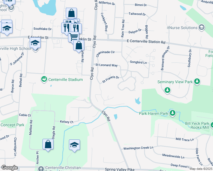 map of restaurants, bars, coffee shops, grocery stores, and more near 8400 Saint Francis Drive in Centerville
