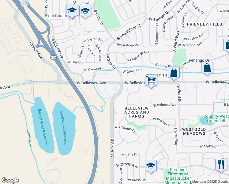 map of restaurants, bars, coffee shops, grocery stores, and more near 5118 South Alkire Street in Littleton
