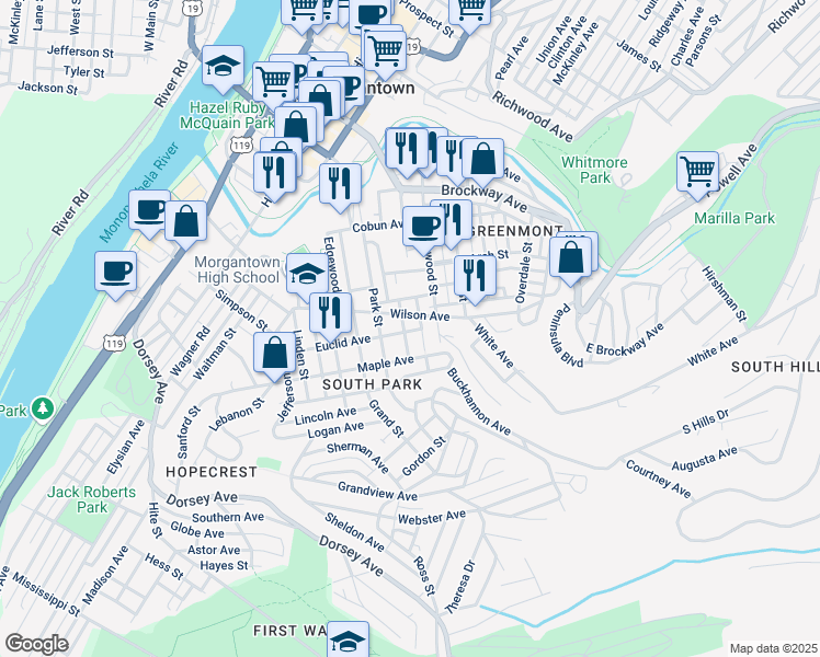map of restaurants, bars, coffee shops, grocery stores, and more near 321 Euclid Avenue in Morgantown