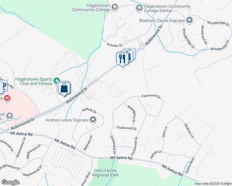 map of restaurants, bars, coffee shops, grocery stores, and more near 20137 Daniels Circle in Hagerstown