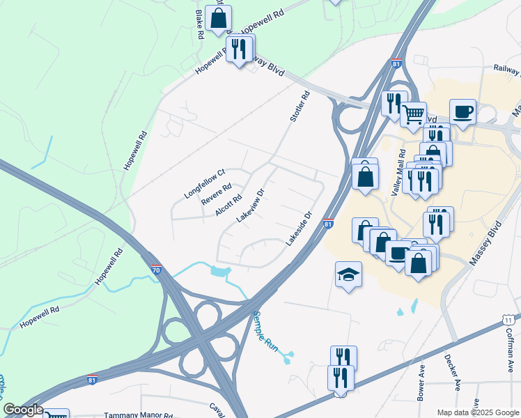 map of restaurants, bars, coffee shops, grocery stores, and more near 16904 Pickwick Lane in Hagerstown