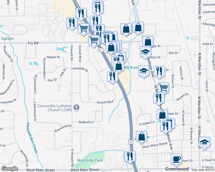 map of restaurants, bars, coffee shops, grocery stores, and more near 282 Meadow Drive in Greenwood