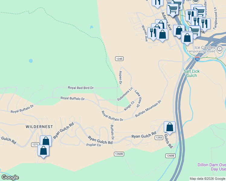 map of restaurants, bars, coffee shops, grocery stores, and more near 103 Solomons Lane in Silverthorne