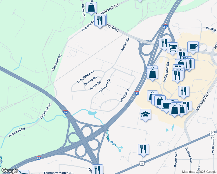 map of restaurants, bars, coffee shops, grocery stores, and more near 16904 Pickwick Lane in Hagerstown