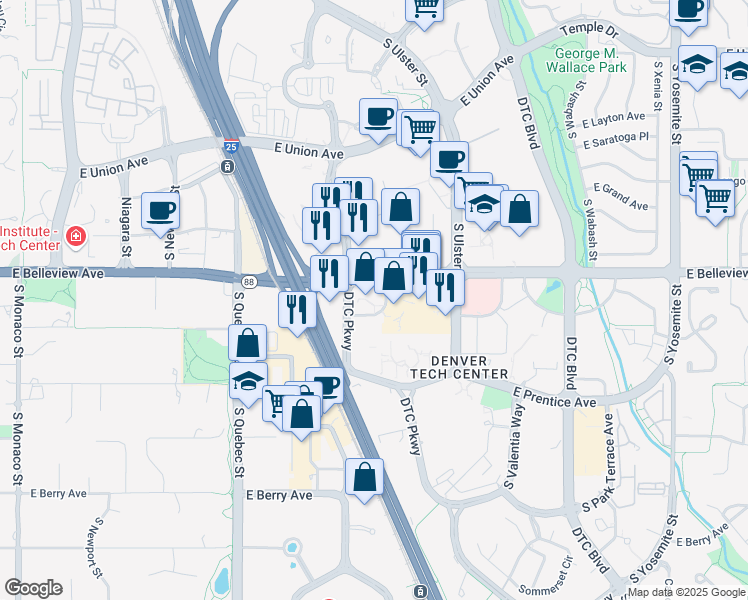 map of restaurants, bars, coffee shops, grocery stores, and more near 7730 East Belleview Avenue in Greenwood Village
