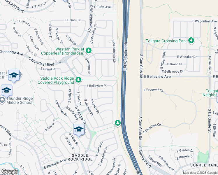 map of restaurants, bars, coffee shops, grocery stores, and more near 22882 East Belleview Lane in Aurora