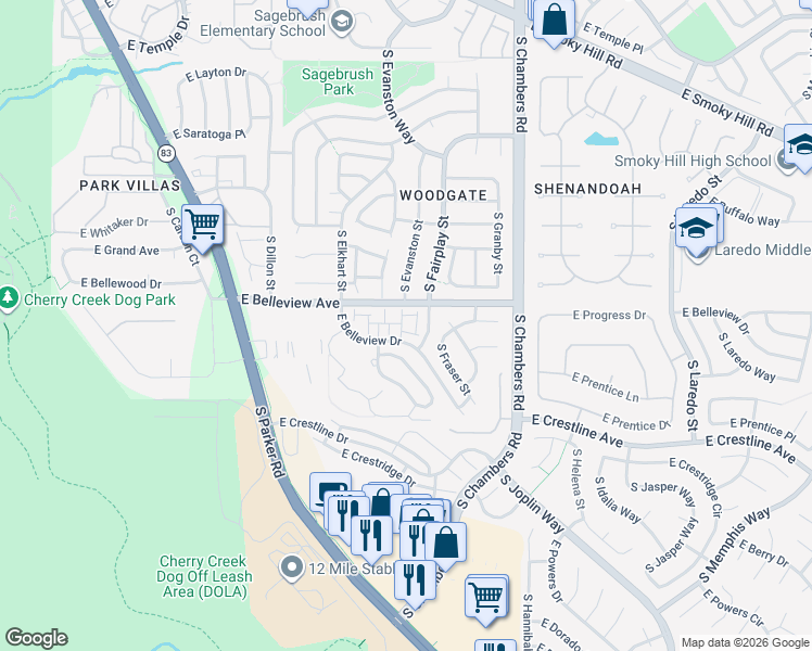 map of restaurants, bars, coffee shops, grocery stores, and more near 5154 South Shalom Park Circle in Aurora