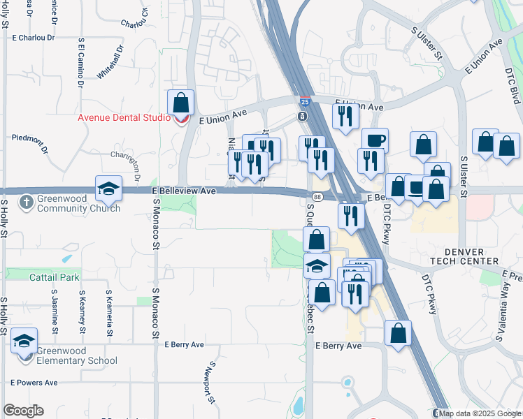 map of restaurants, bars, coffee shops, grocery stores, and more near 7088 East Progress Avenue in Greenwood Village