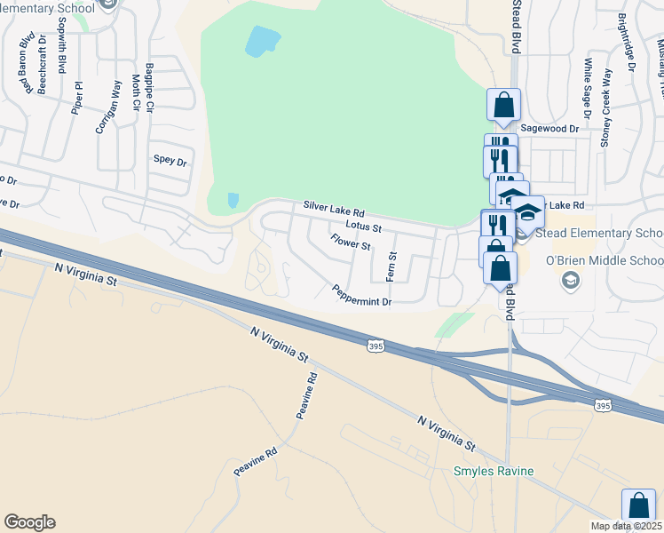 map of restaurants, bars, coffee shops, grocery stores, and more near 6775 Honeysuckle Drive in Reno