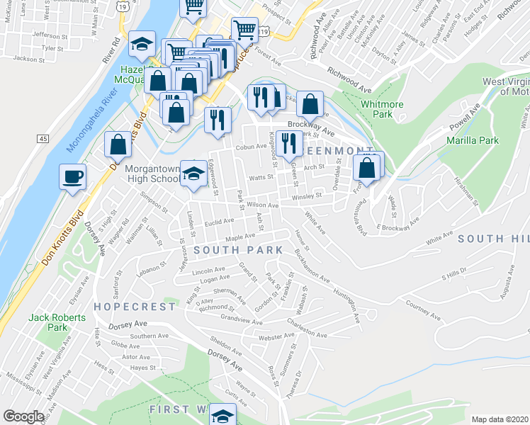 map of restaurants, bars, coffee shops, grocery stores, and more near 446 Ash Street in Morgantown