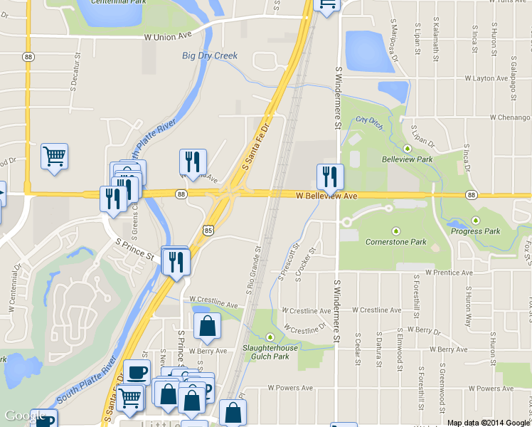map of restaurants, bars, coffee shops, grocery stores, and more near 5151 South Rio Grande Street in Littleton