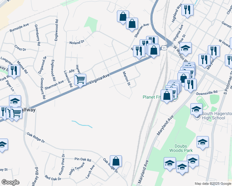 map of restaurants, bars, coffee shops, grocery stores, and more near 664 Armstrong Avenue in Hagerstown