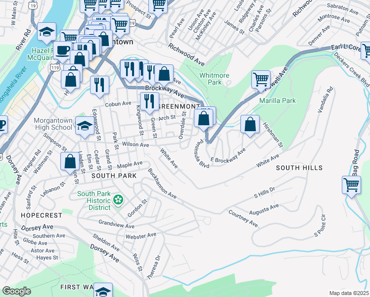 map of restaurants, bars, coffee shops, grocery stores, and more near 469 Overdale Street in Morgantown