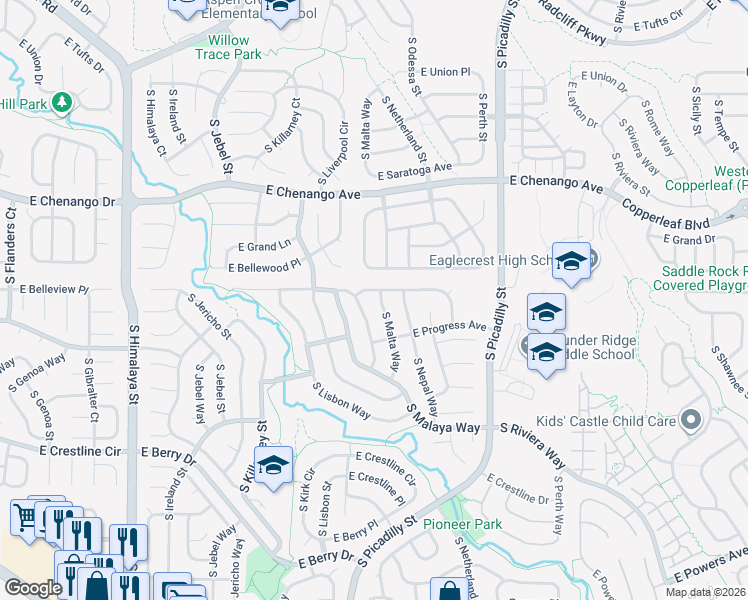 map of restaurants, bars, coffee shops, grocery stores, and more near 21066 East Bellewood Drive in Centennial