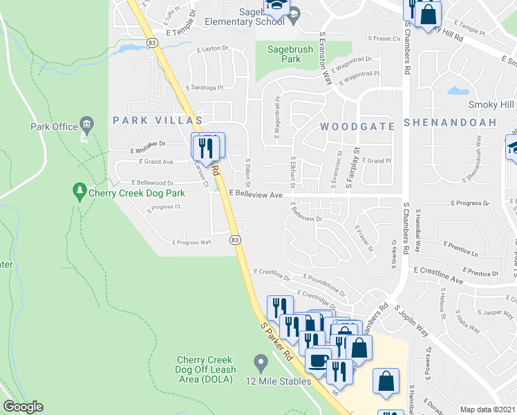 map of restaurants, bars, coffee shops, grocery stores, and more near 5088 South Dillon Street in Aurora