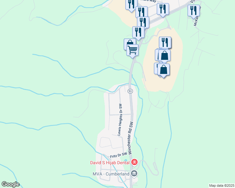 map of restaurants, bars, coffee shops, grocery stores, and more near 13803 Stone Point Road Southwest in La Vale