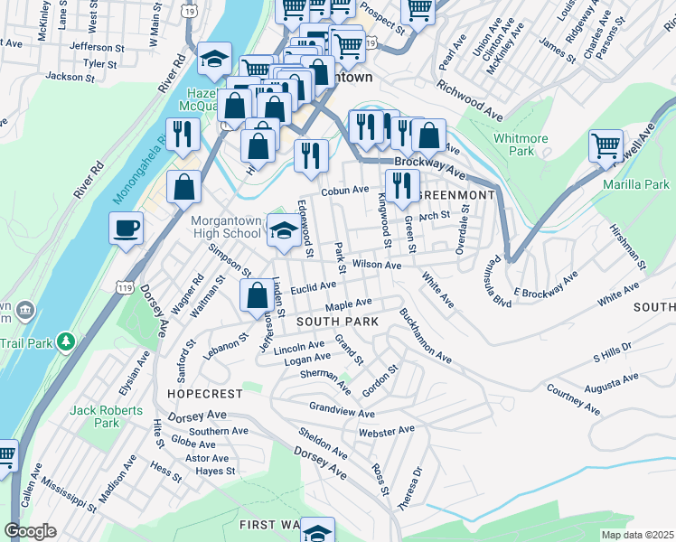 map of restaurants, bars, coffee shops, grocery stores, and more near 301 Park Street in Morgantown