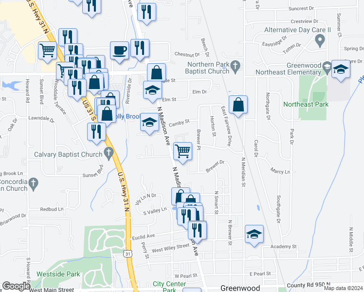 map of restaurants, bars, coffee shops, grocery stores, and more near 621 North Madison Avenue in Greenwood