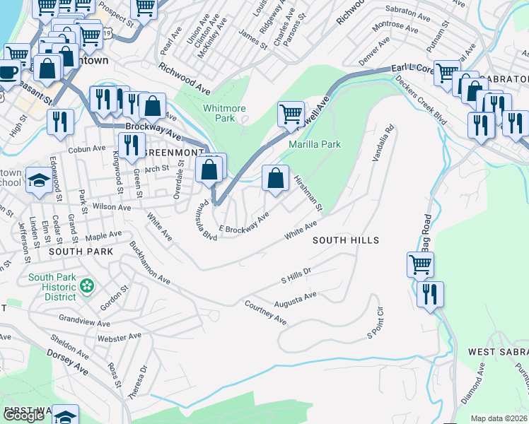 map of restaurants, bars, coffee shops, grocery stores, and more near 599 E Brockway Ave in Morgantown