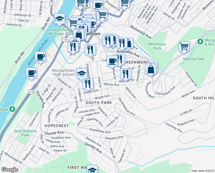 map of restaurants, bars, coffee shops, grocery stores, and more near 421 Ash Street in Morgantown
