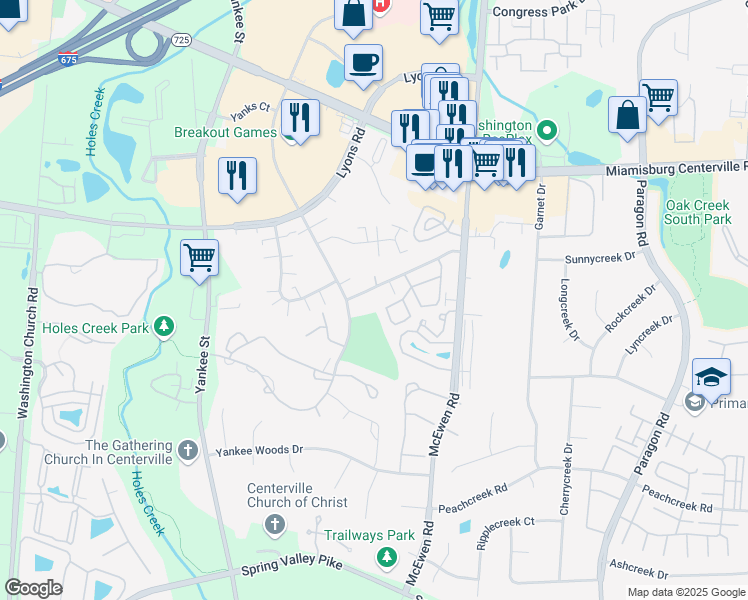 map of restaurants, bars, coffee shops, grocery stores, and more near 1250 Governors Square Drive in Dayton