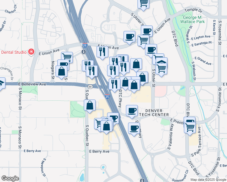 map of restaurants, bars, coffee shops, grocery stores, and more near 5105 DTC Parkway in Greenwood Village
