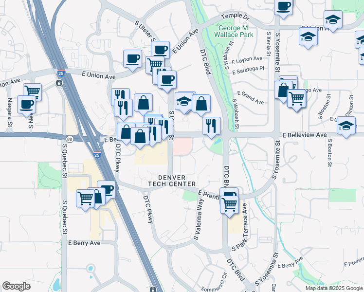 map of restaurants, bars, coffee shops, grocery stores, and more near 8200 East Belleview Avenue in Greenwood Village