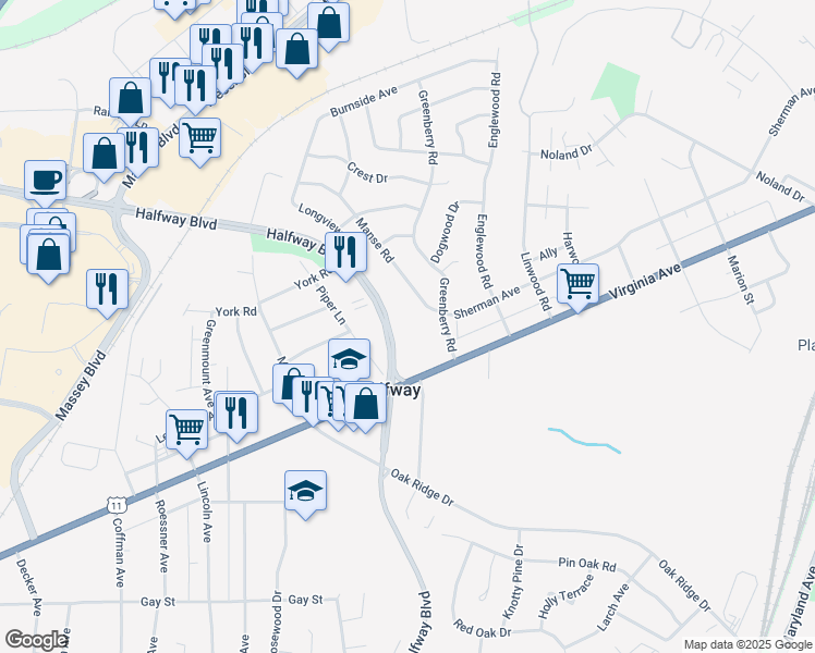 map of restaurants, bars, coffee shops, grocery stores, and more near 17718 Virginia Avenue in Hagerstown