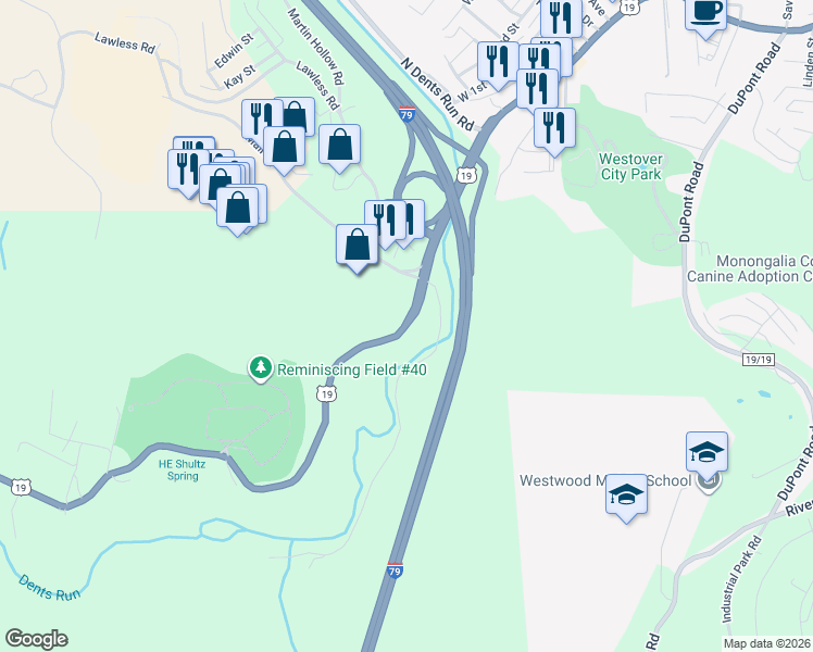 map of restaurants, bars, coffee shops, grocery stores, and more near 1048-1492 Fairmont Rd in Morgantown