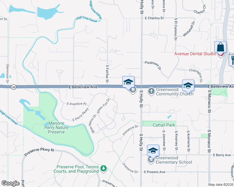 map of restaurants, bars, coffee shops, grocery stores, and more near 5100-5202 East Belleview Avenue in Greenwood Village