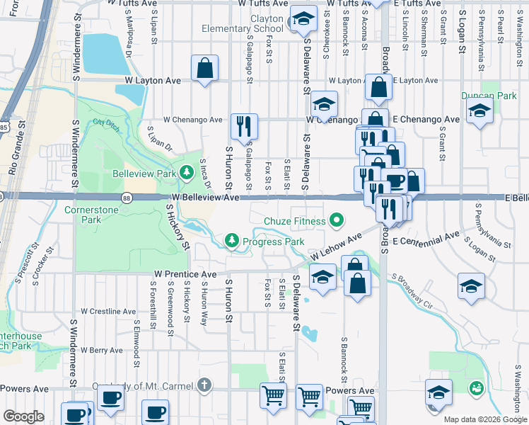 map of restaurants, bars, coffee shops, grocery stores, and more near 601 West Belleview Avenue in Englewood