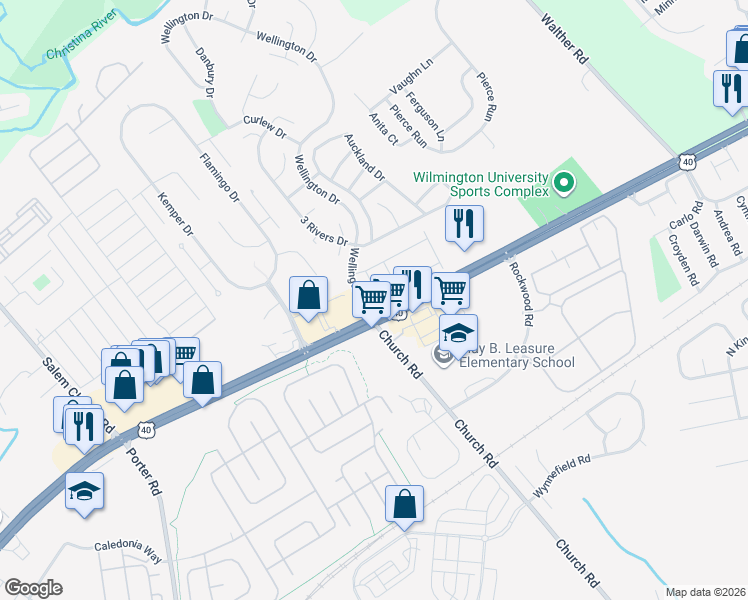 map of restaurants, bars, coffee shops, grocery stores, and more near 207 Finch Way in Newark