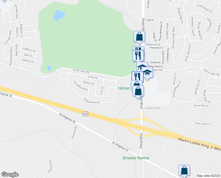 map of restaurants, bars, coffee shops, grocery stores, and more near 6520 Flower Street in Reno