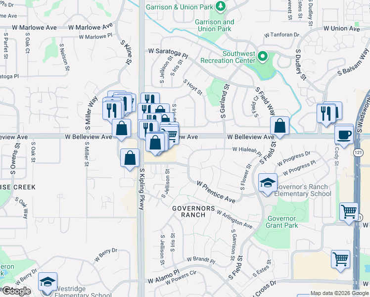 map of restaurants, bars, coffee shops, grocery stores, and more near 5108 South Iris Way in Littleton