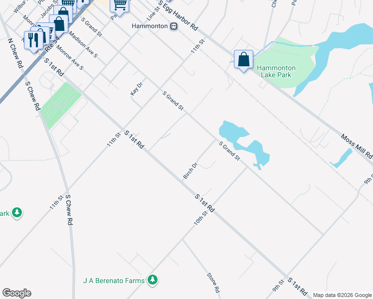 map of restaurants, bars, coffee shops, grocery stores, and more near 397 South 1st Road in Hammonton