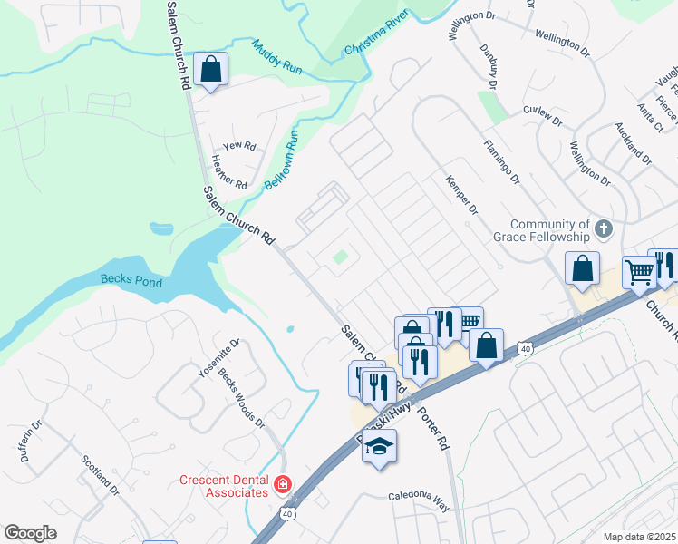 map of restaurants, bars, coffee shops, grocery stores, and more near 12 Bradley Drive in Newark