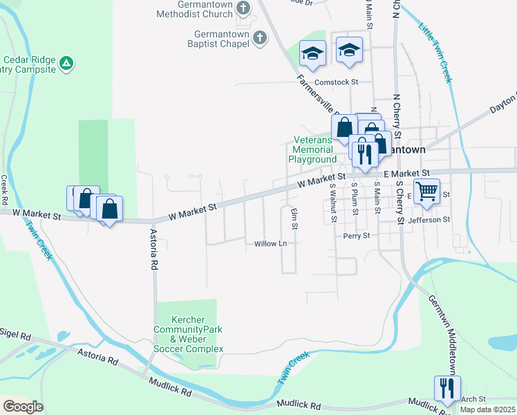 map of restaurants, bars, coffee shops, grocery stores, and more near 520 Ohio 725 in Germantown