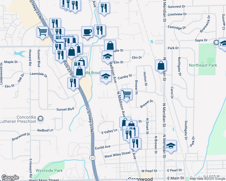 map of restaurants, bars, coffee shops, grocery stores, and more near 622 North Madison Avenue in Greenwood