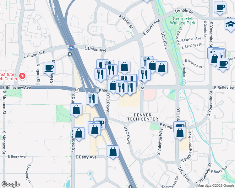 map of restaurants, bars, coffee shops, grocery stores, and more near 7730 East Belleview Avenue in Greenwood Village