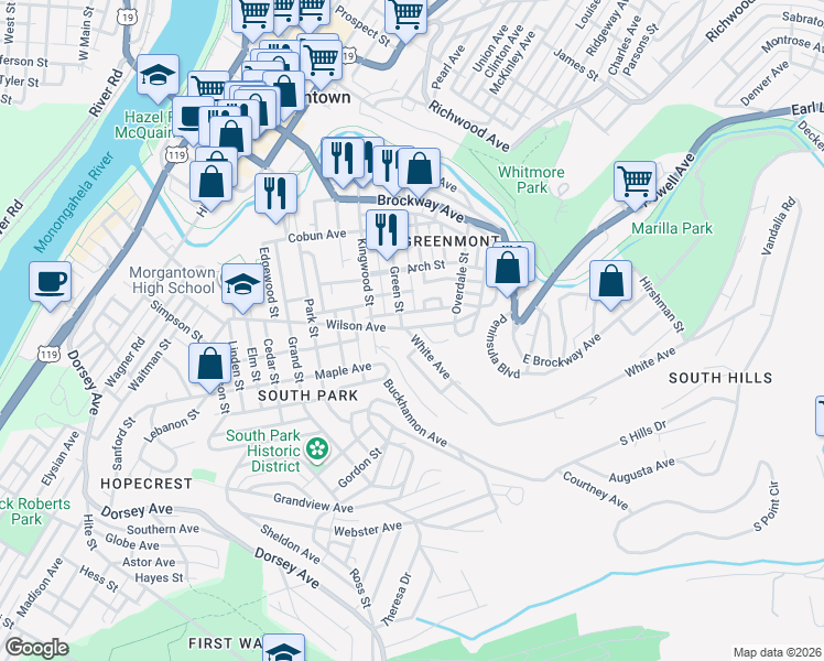 map of restaurants, bars, coffee shops, grocery stores, and more near 455 Winsley Street in Morgantown