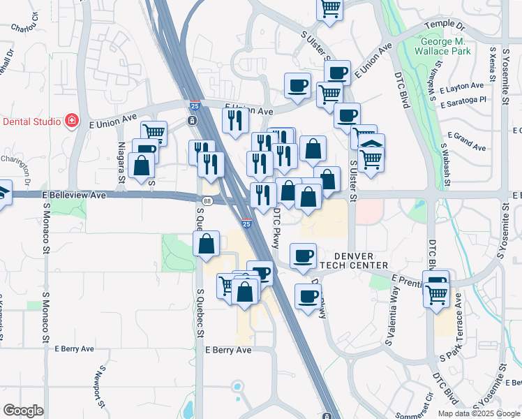 map of restaurants, bars, coffee shops, grocery stores, and more near 5105 DTC Parkway in Greenwood Village