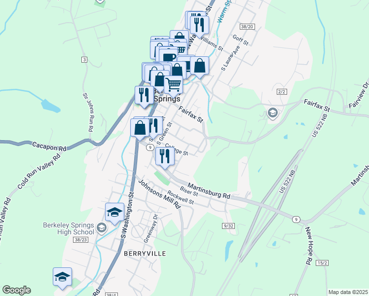 map of restaurants, bars, coffee shops, grocery stores, and more near 104 Ewing Street in Berkeley Springs
