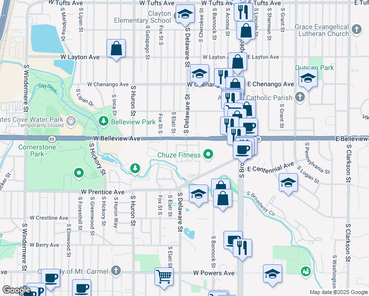 map of restaurants, bars, coffee shops, grocery stores, and more near 5100 South Delaware Street in Englewood