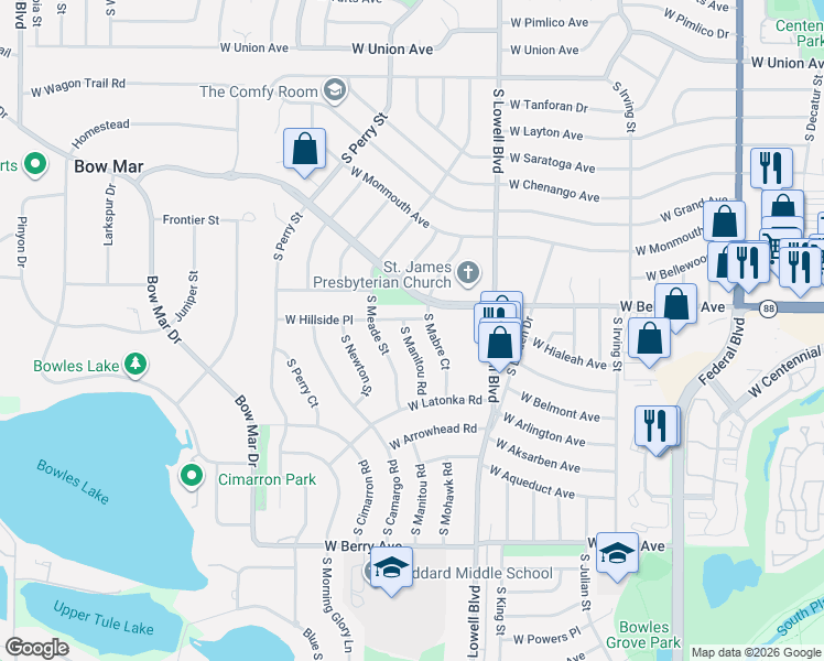 map of restaurants, bars, coffee shops, grocery stores, and more near 3809 West Hillside Place in Littleton