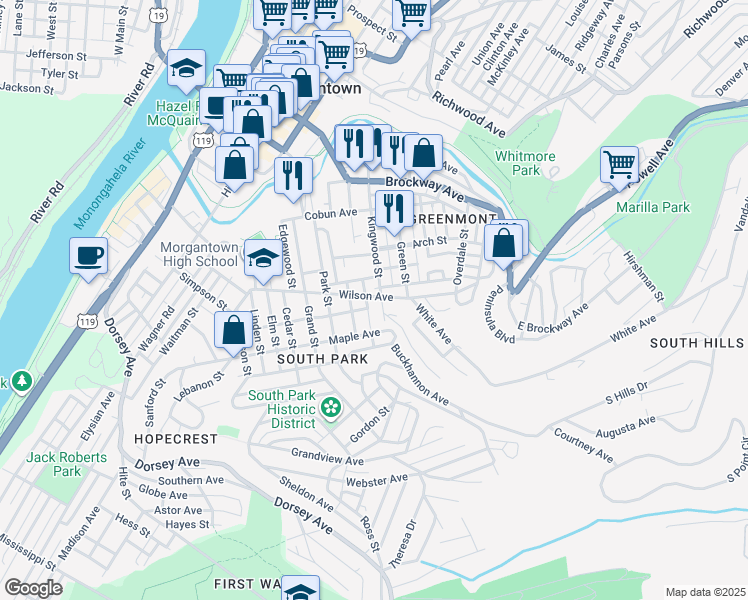 map of restaurants, bars, coffee shops, grocery stores, and more near 359 Kingwood Street in Morgantown