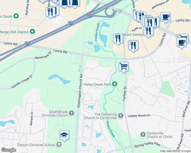 map of restaurants, bars, coffee shops, grocery stores, and more near 1540 Spinnaker Way in Dayton