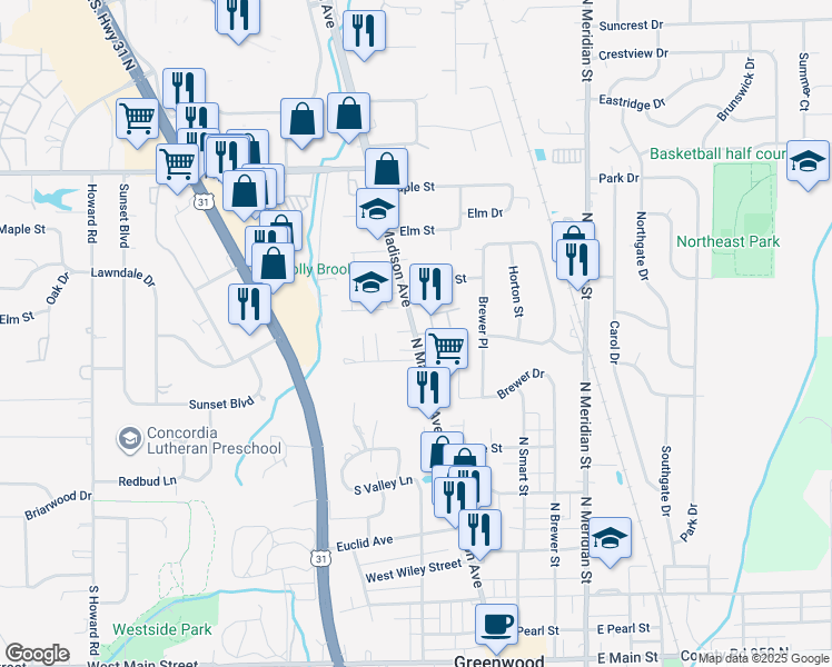 map of restaurants, bars, coffee shops, grocery stores, and more near 622 North Madison Avenue in Greenwood
